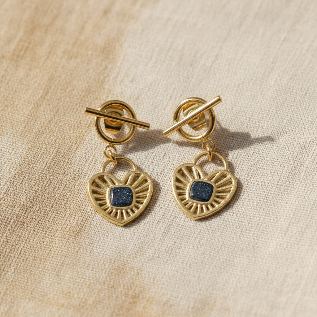 🖤Cœur Précieux – Boucles d’oreilles dorées Bohm & pierre noir🖤