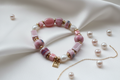 ✨ Bracelet Bohm Perles Roses & Dorées – Bijou Bohème Chic Femme✨