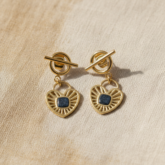 🖤Cœur Précieux – Boucles d’oreilles dorées Bohm & pierre noir🖤