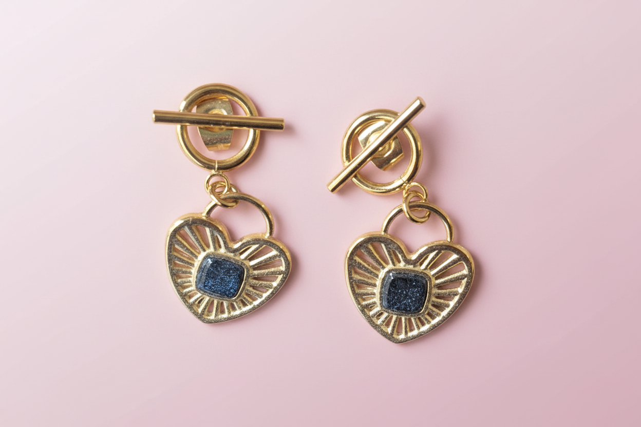 🖤Cœur Précieux – Boucles d’oreilles dorées Bohm & pierre noir🖤