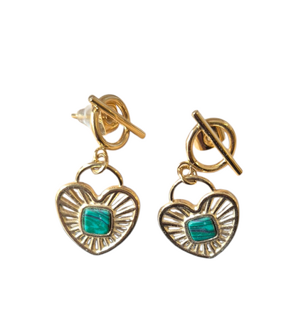 💚 Cœur Précieux – Boucles d’oreilles dorées Bohm & pierre verte 💚