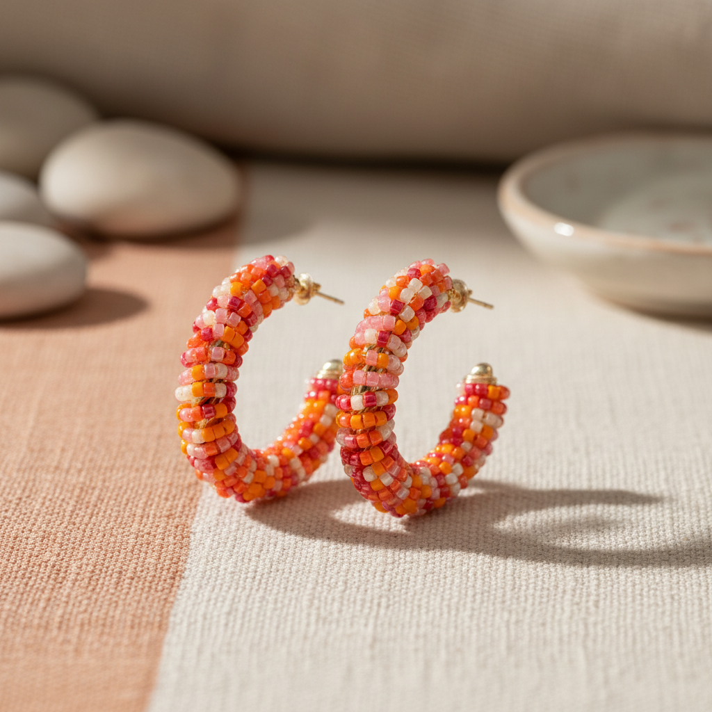 Boucle d'oreille créole perlée Bohm orange corail – Style bohème chic